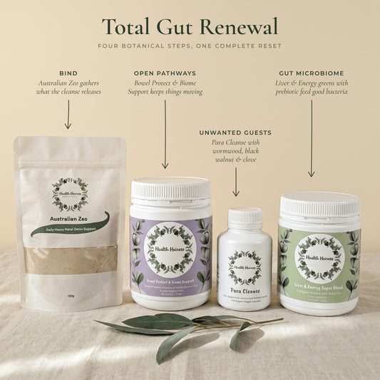 Total Gut Renewal four step kit: Australian Zeo to bind, Bowel Protect & Biome Support for open pathways, Para Cleanse for unwanted guests, Liver & Energy for the gut microbiome